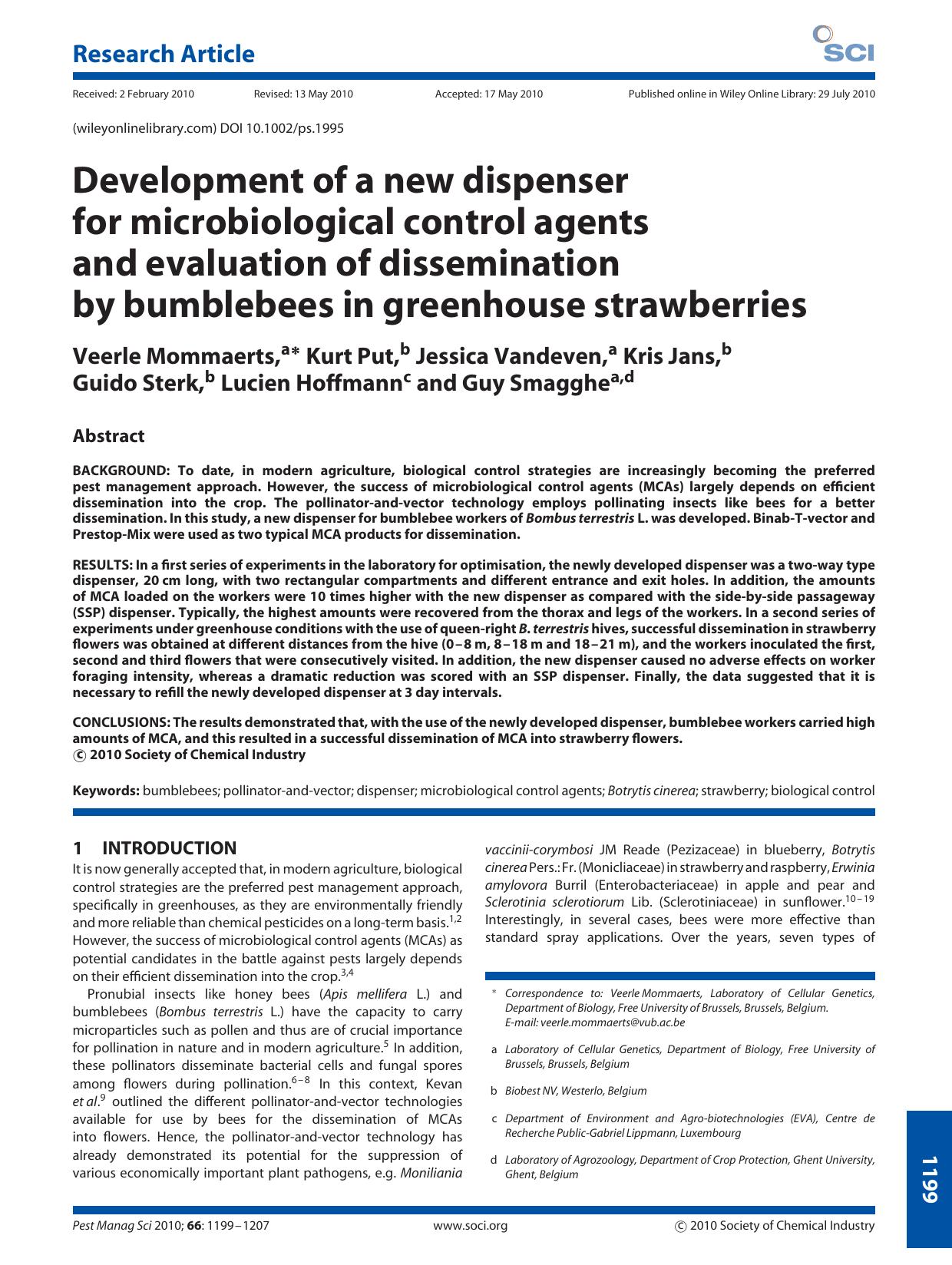 Development of a new dispenser for microbiological control agents and evaluation of dissemination by bumblebees in greenhouse strawberries by Unknown