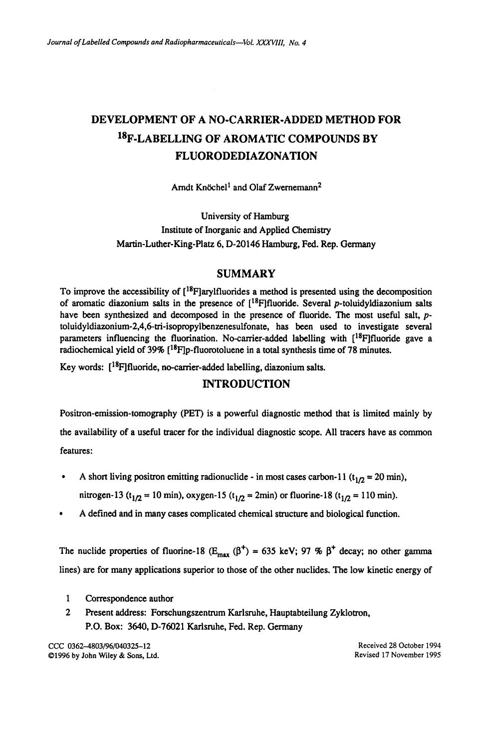 Development of a no-carrier-added method for 18F-labelling of aromatic compounds by fluorodediazonation by Unknown