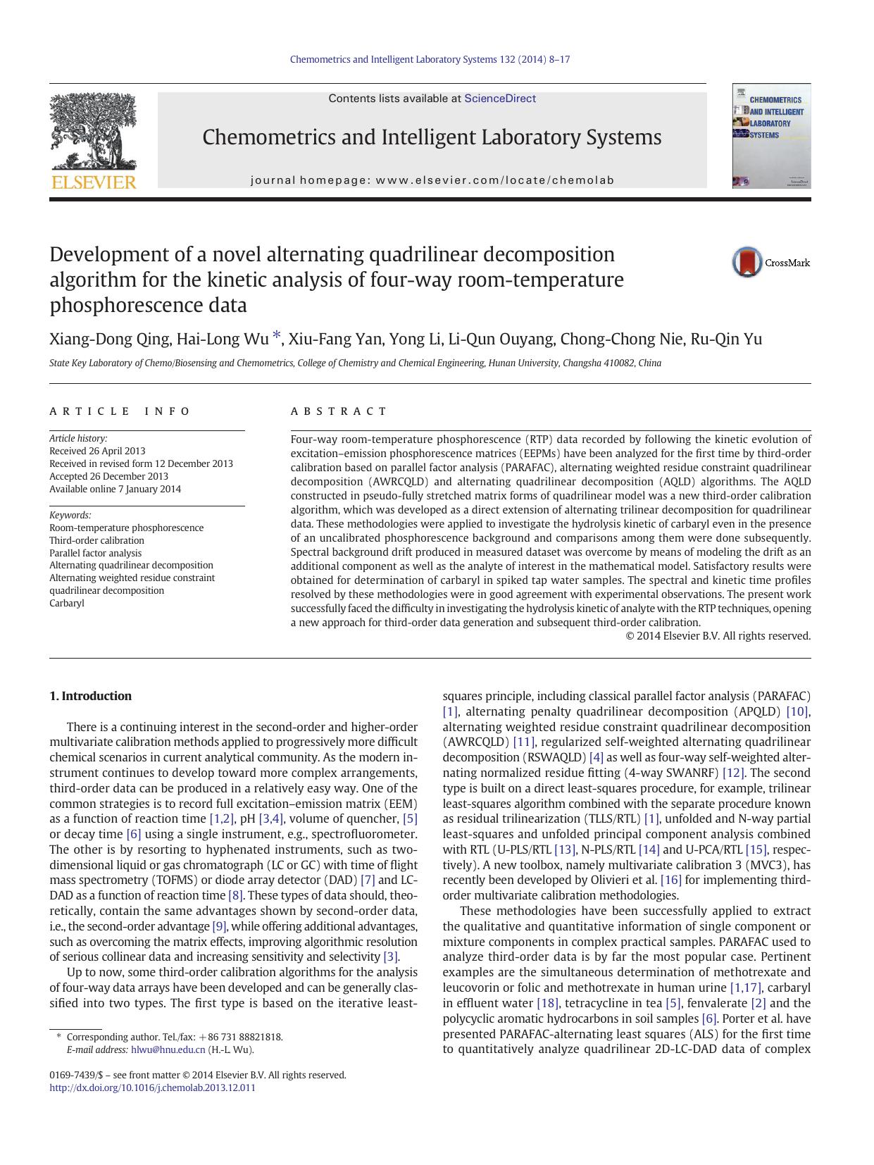 Development of a novel alternating quadrilinear decomposition algorithm for the kinetic analysis of four-way room-temperature phosphorescence data by Xiang-Dong Qing & Hai-Long Wu & Xiu-Fang Yan & Yong Li & Li-Qun Ouyang & Chong-Chong Nie & Ru-Qin Yu
