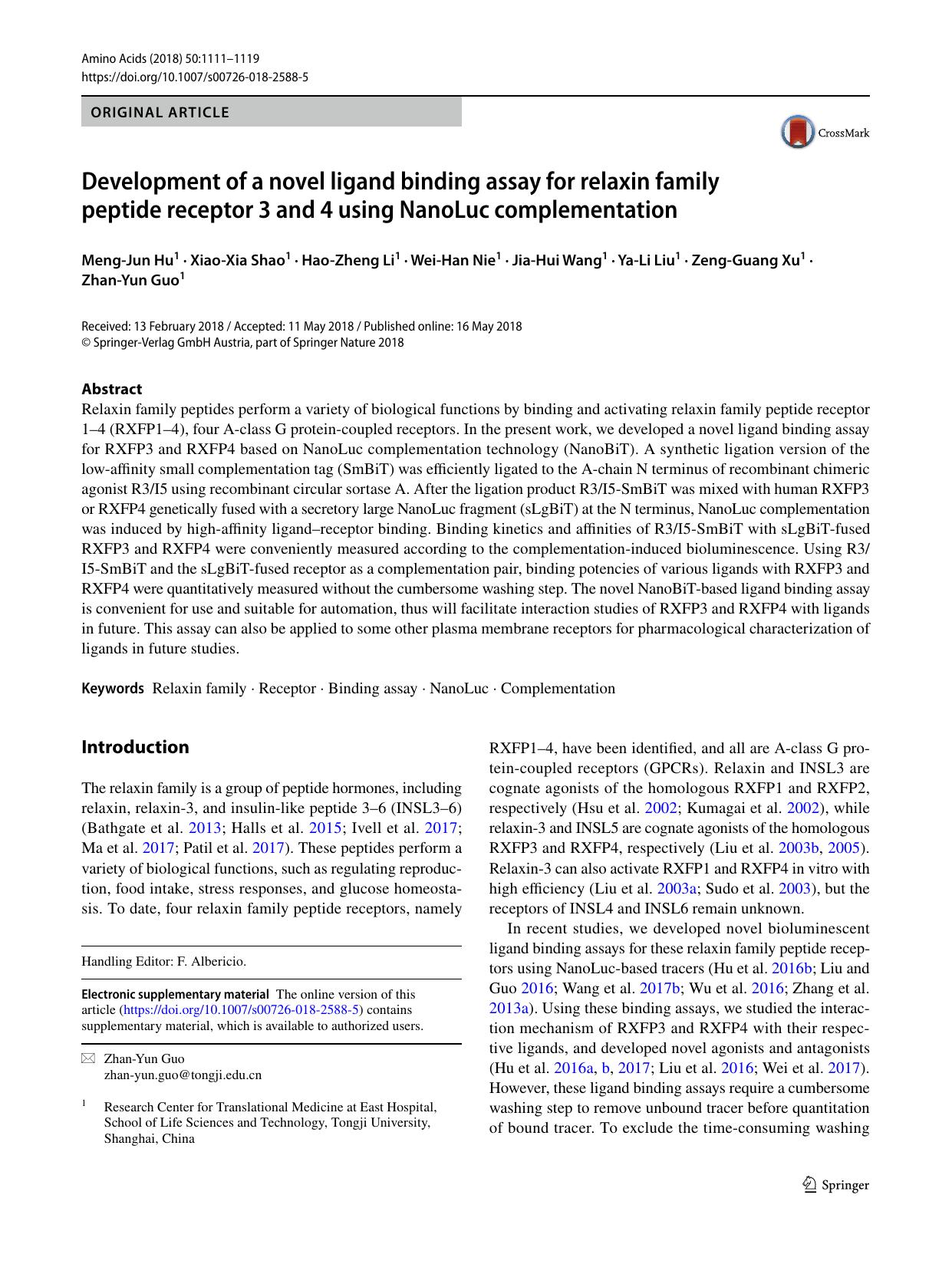 Development of a novel ligand binding assay for relaxin family peptide receptor 3 and 4 using NanoLuc complementation by unknow