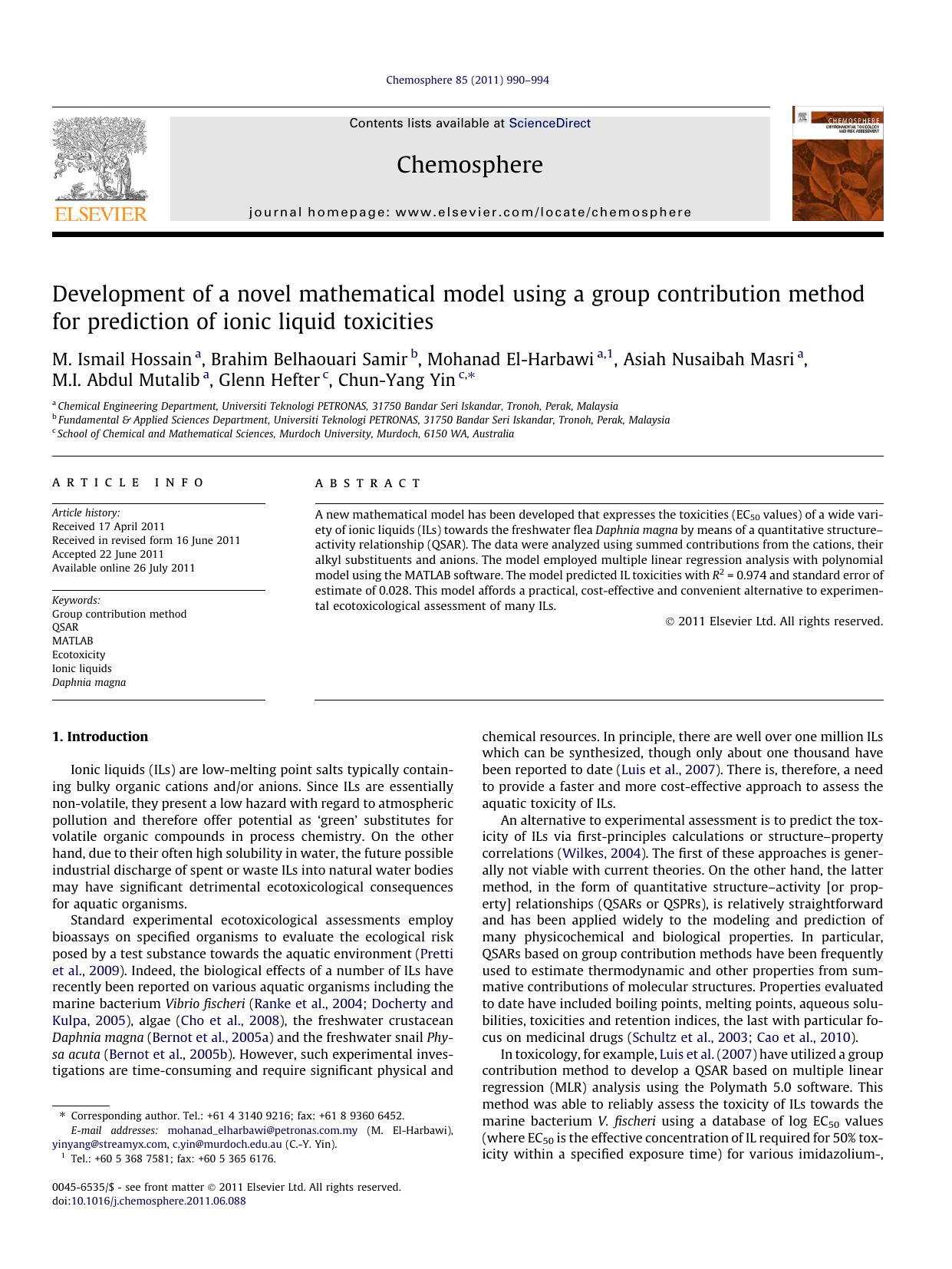Development of a novel mathematical model using a group contribution method for prediction of ionic liquid toxicities by unknow