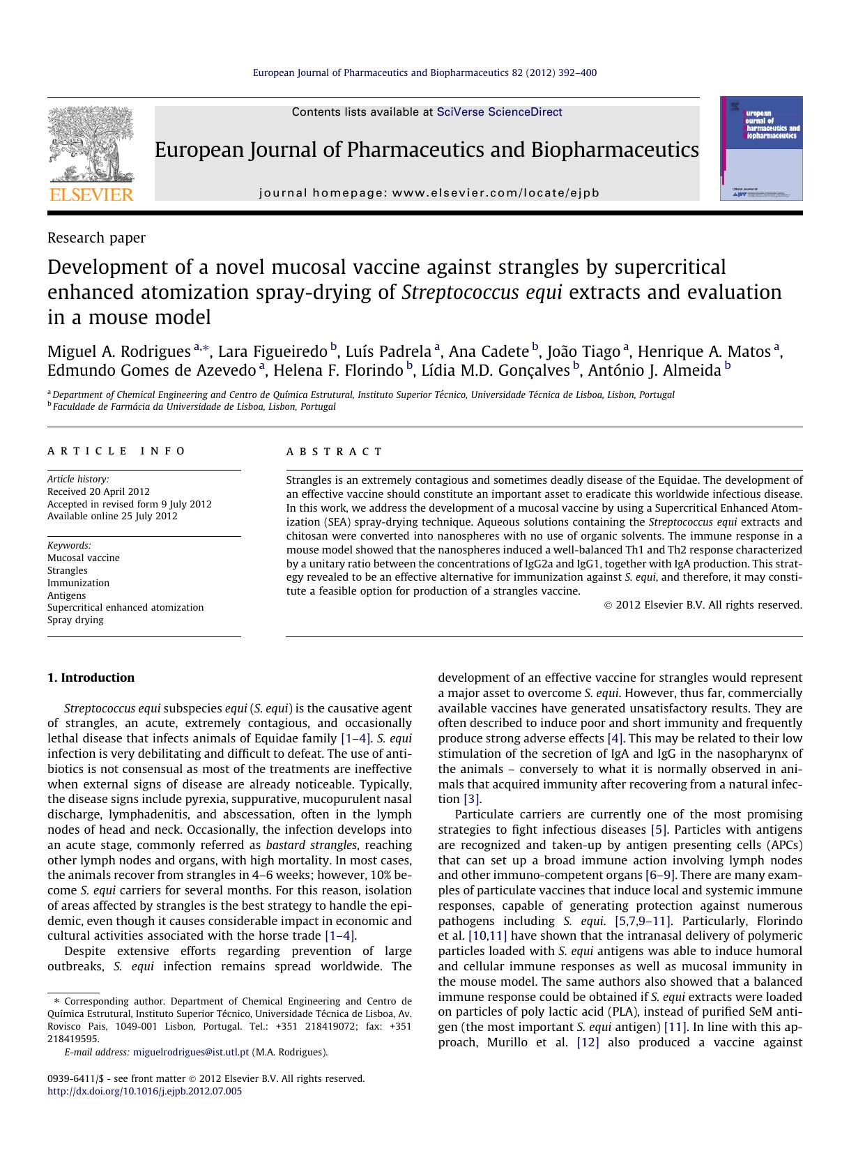 Development of a novel mucosal vaccine against strangles by supercritical enhanced atomization spray-drying of Streptococcus equi extracts and evaluation in a mouse model by unknow