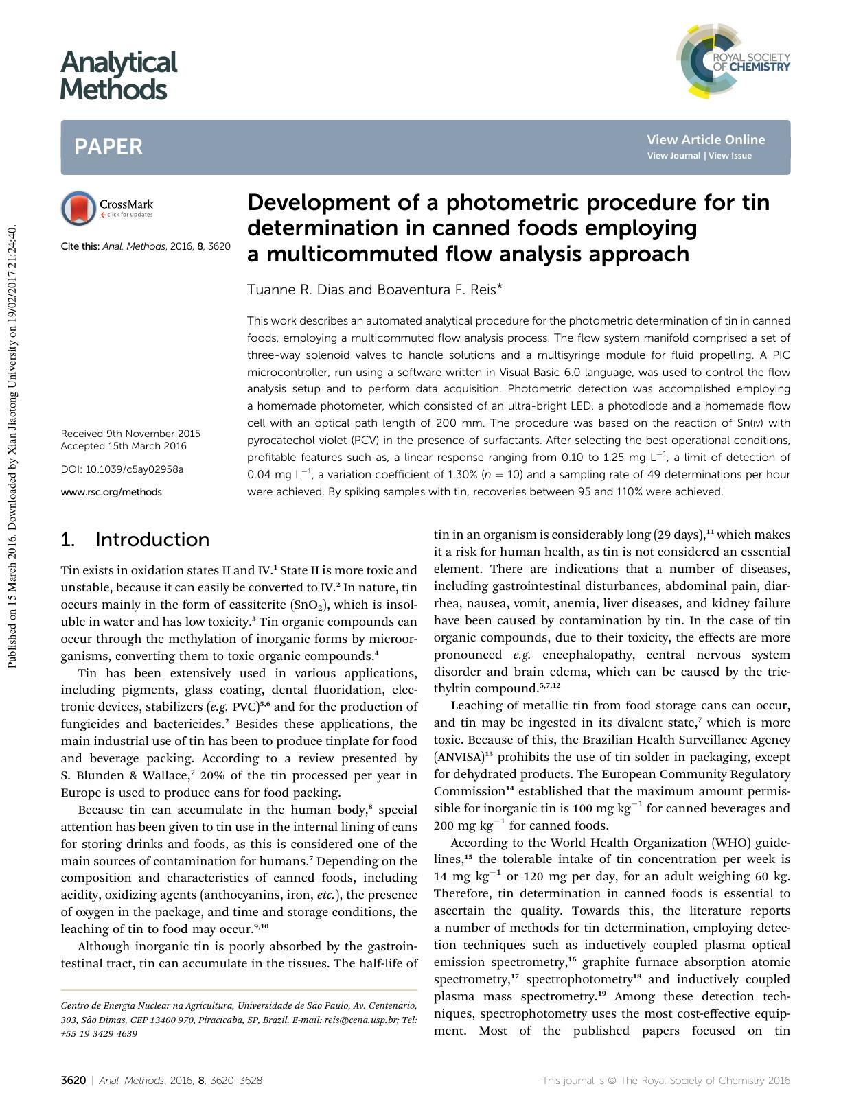 Development of a photometric procedure for tin determination in canned foods employing a multicommuted flow analysis approach by Tuanne R. Dias & Boaventura F. Reis