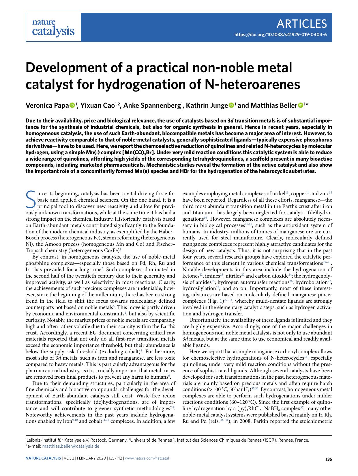 Development of a practical non-noble metal catalyst for hydrogenation of N-heteroarenes by Veronica Papa & Yixuan Cao & Anke Spannenberg & Kathrin Junge & Matthias Beller