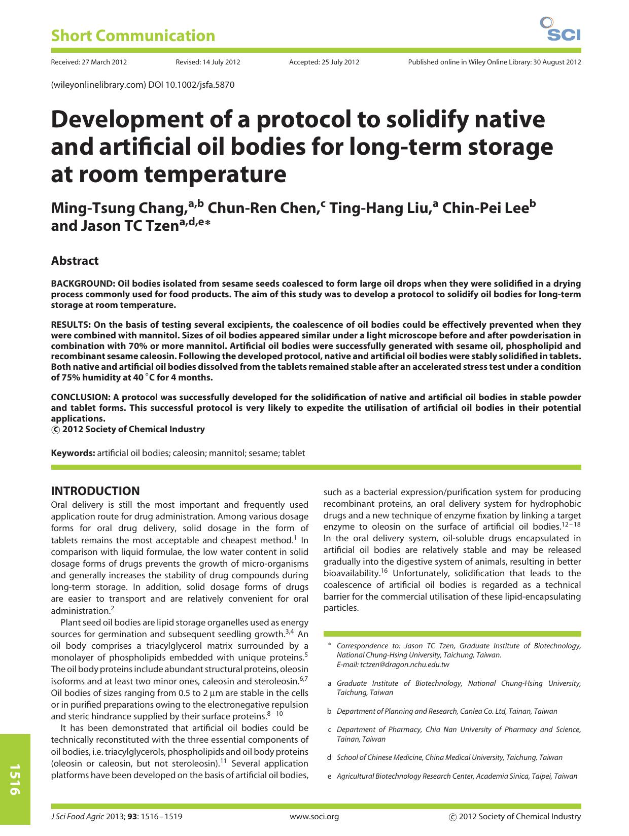 Development of a protocol to solidify native and artificial oil bodies for longterm storage at room temperature by Unknown