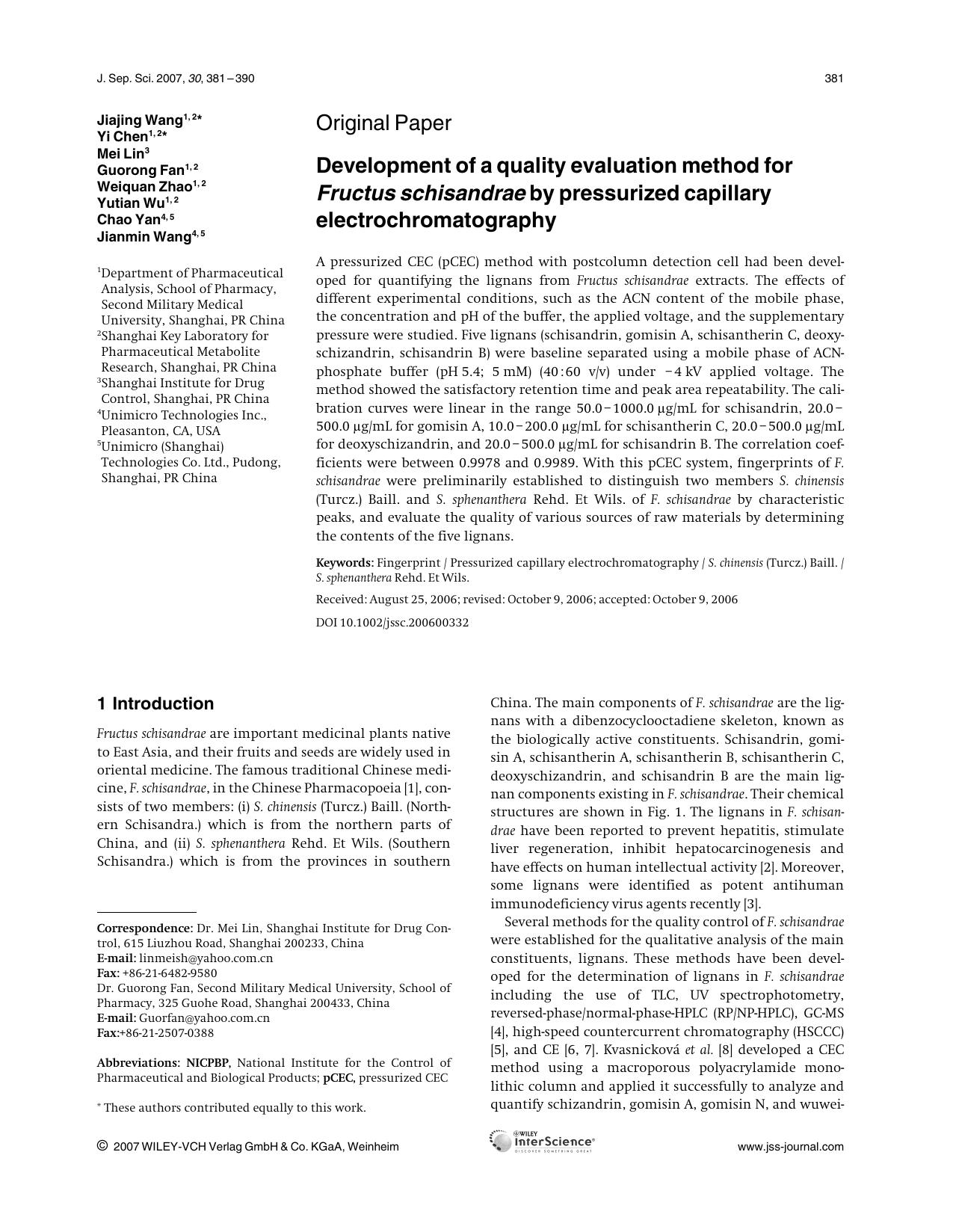 Development of a quality evaluation method for Fructus schisandrae by pressurized capillary electrochromatography by Unknown