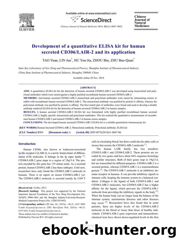 Development of a quantitative ELISA kit for human secreted CD306LAIR-2 and its application by Yuan TAO & Jun LIN & You-Jia HU & Bin ZHOU & Bao-Quan ZHU