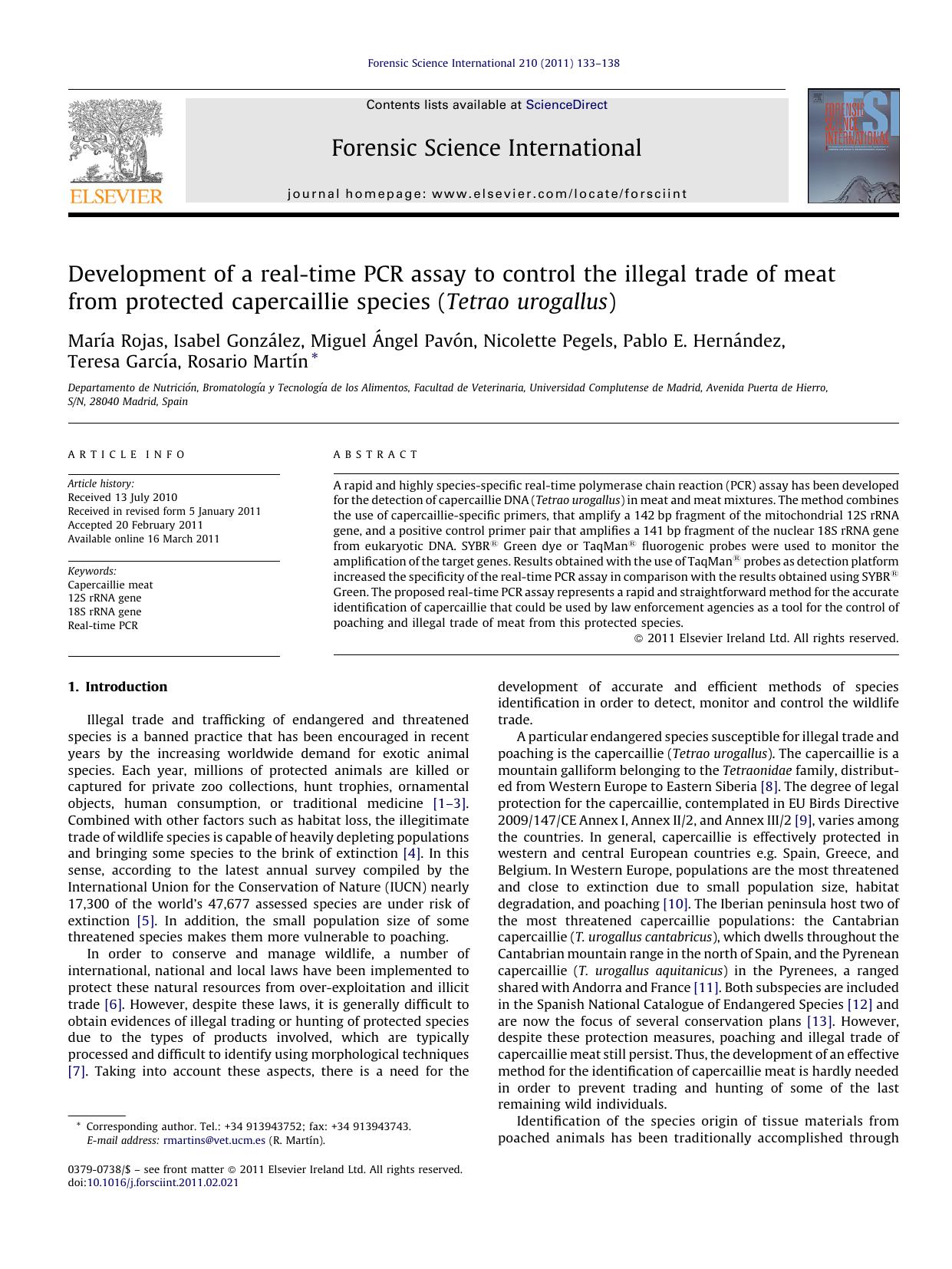 Development of a real-time PCR assay to control the illegal trade of meat from protected capercaillie species (Tetrao urogallus) by MarÃ­a Rojas
