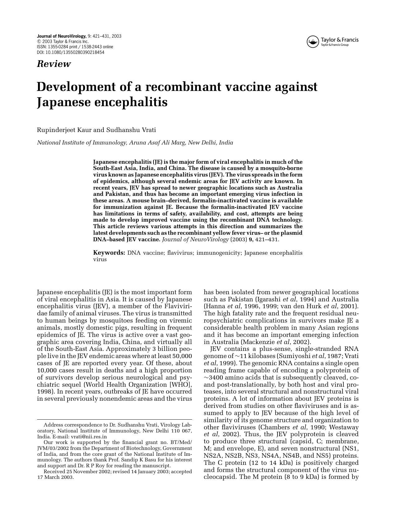 Development of a recombinant vaccine against Japanese encephalitis by Unknown