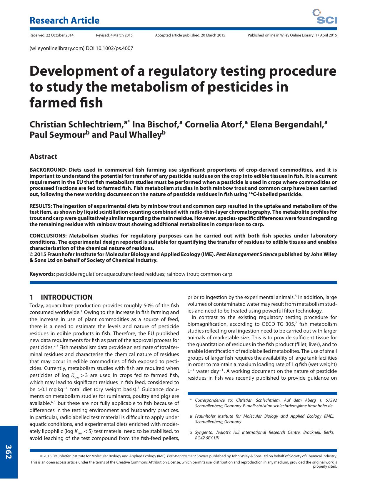 Development of a regulatory testing procedure to study the metabolism of pesticides in farmed fish by Unknown