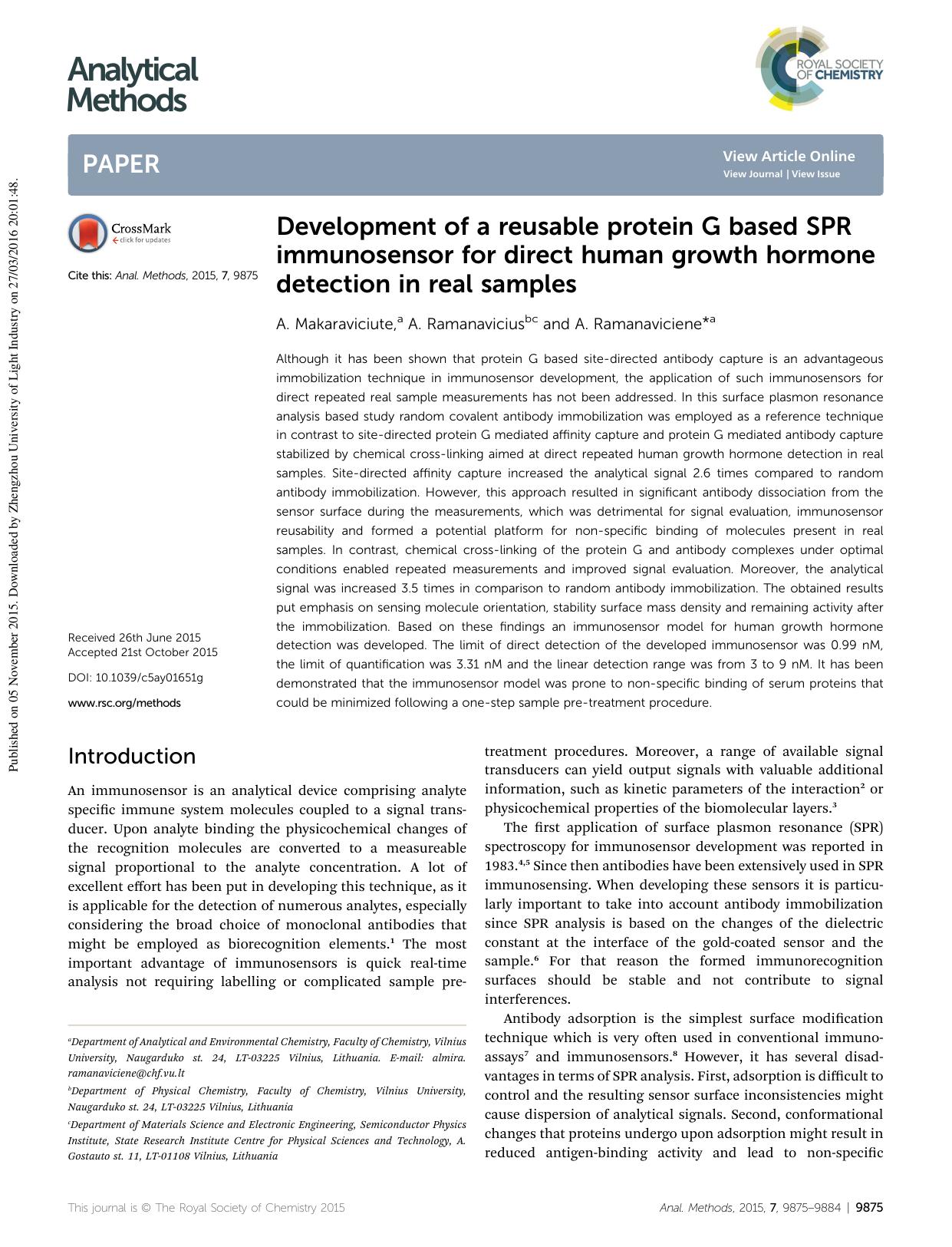 Development of a reusable protein G based SPR immunosensor for direct human growth hormone detection in real samples by A. Makaraviciute & A. Ramanavicius & A. Ramanaviciene