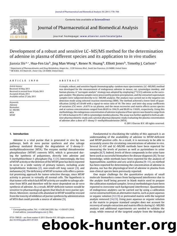 Development of a robust and sensitive LCÃ¢â¬âMSMS method for the determination of adenine in plasma of different species and its application to in vivo studies by Jianxia Shi