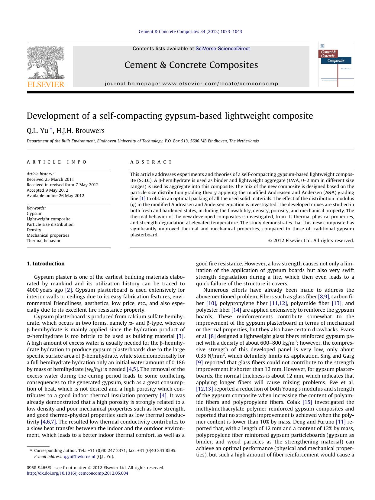 Development of a self-compacting gypsum-based lightweight composite by Q.L. Yu & H.J.H. Brouwers