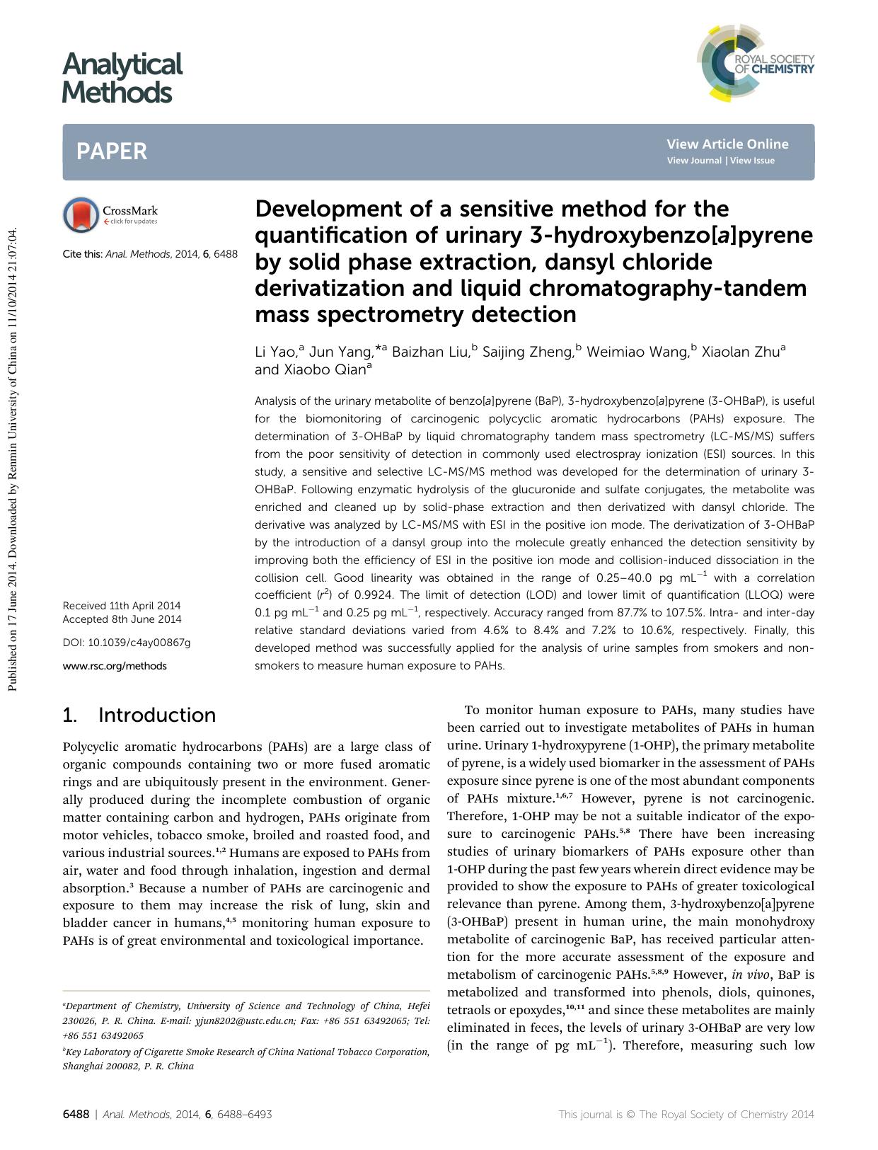 Development of a sensitive method for the quantification of urinary 3-hydroxybenzo[a]pyrene by solid phase extraction, dansyl chloride derivatization and liquid chromatography-tand by Li Yao & Jun Yang & Baizhan Liu & Saijing Zheng & Weimiao Wang & Xiaolan Zhu & Xiaobo Qian