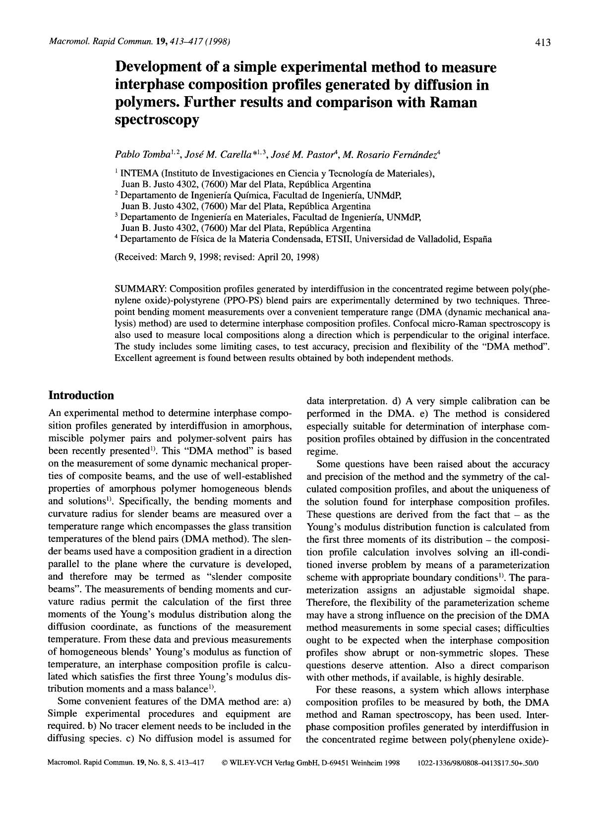 Development of a simple experimental method to measure interphase composition profiles generated by diffusion in polymers. Further results and comparison with Raman spectroscopy by Unknown