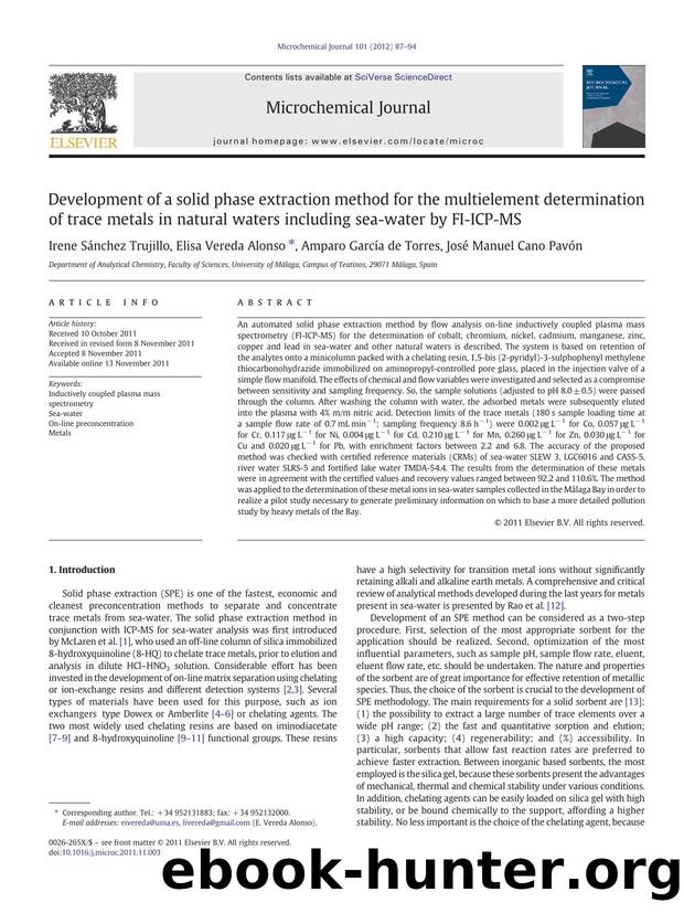 Development of a solid phase extraction method for the multielement determination of trace metals in natural waters including sea-water by FI-ICP-MS by Irene Sánchez Trujillo & Elisa Vereda Alonso & Amparo García de Torres & José Manuel Cano Pavón