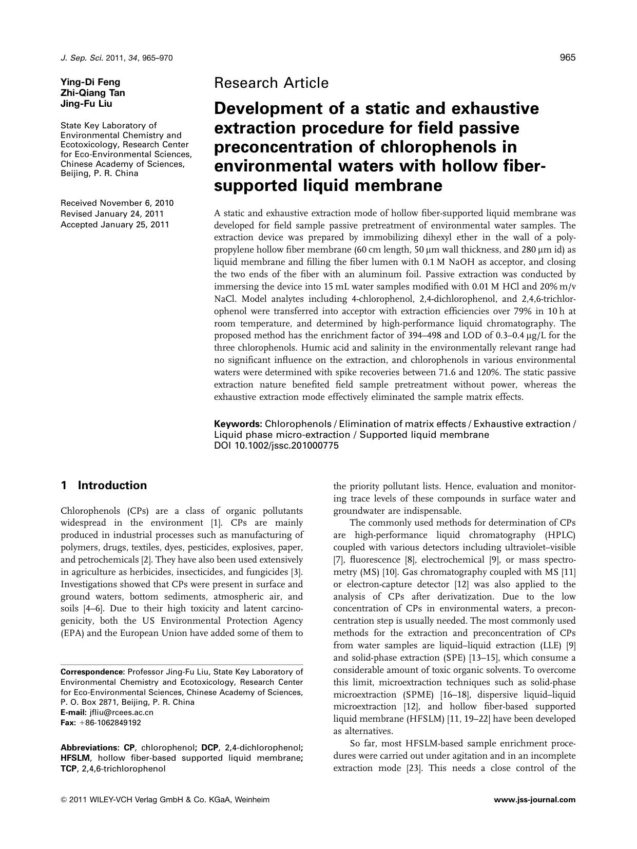 Development of a static and exhaustive extraction procedure for field passive preconcentration of chlorophenols in environmental waters with hollow fibersupported liquid membrane by Unknown