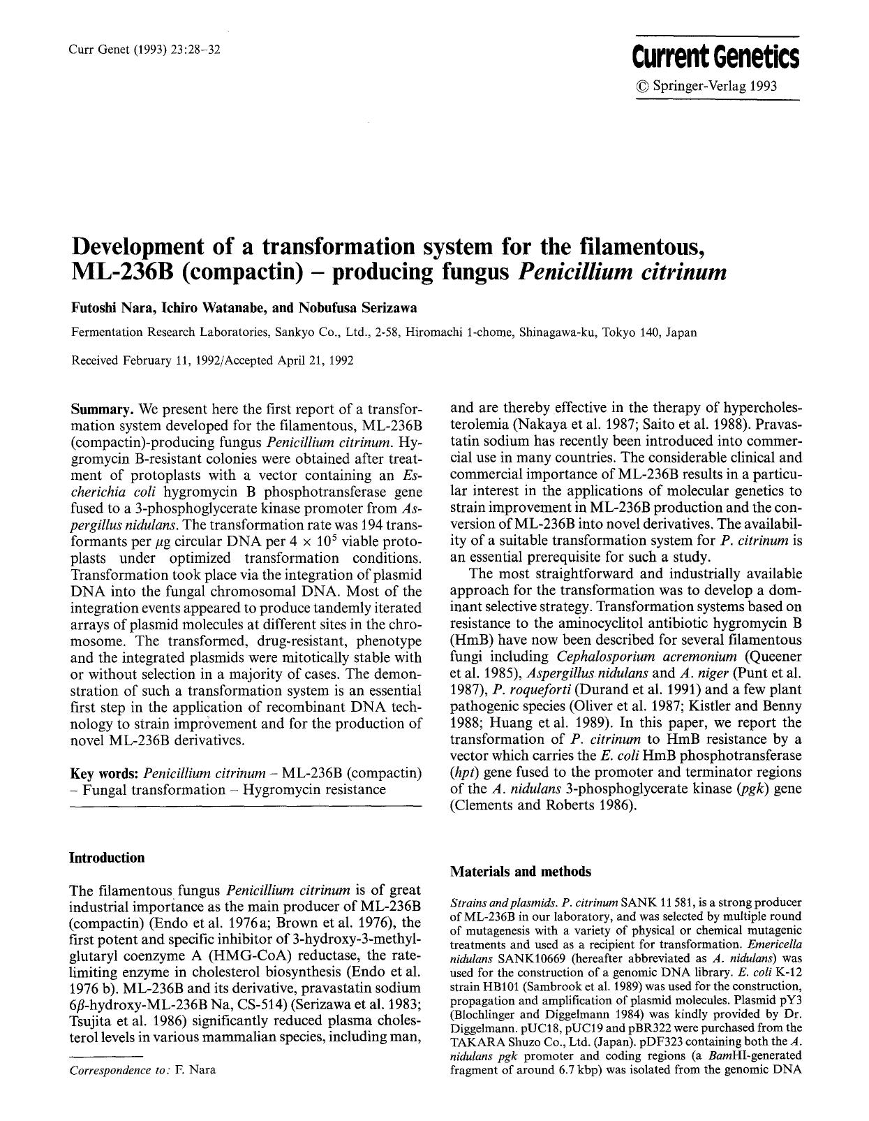 Development of a transformation system for the filamentous, ML-236B (compactin) — producing fungus <Emphasis Type="Italic">Penicillium citrinum<Emphasis> by Unknown