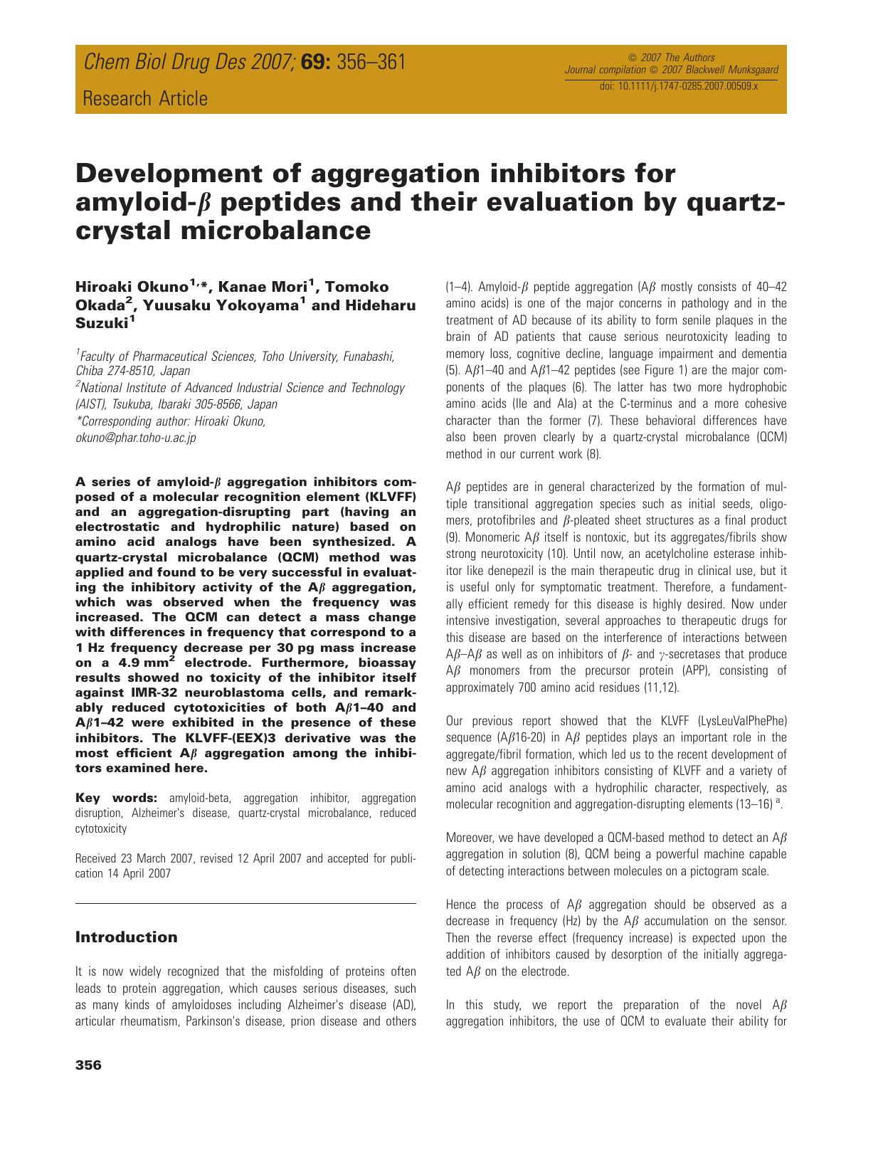 Development of aggregation inhibitors for amyloid-β peptides and their evaluation by quartz-crystal microbalance by unknow