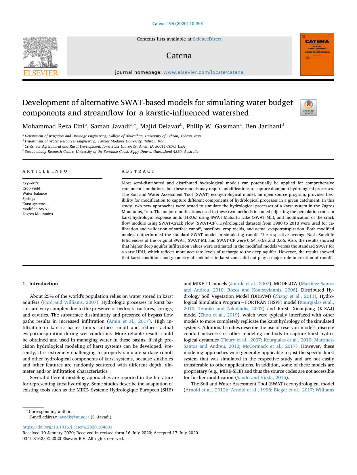 Development of alternative SWAT-based models for simulating water budget components and streamflow for a karstic-influenced watershed by Mohammad Reza Eini & Saman Javadi & Majid Delavar & Philip W. Gassman & Ben Jarihani