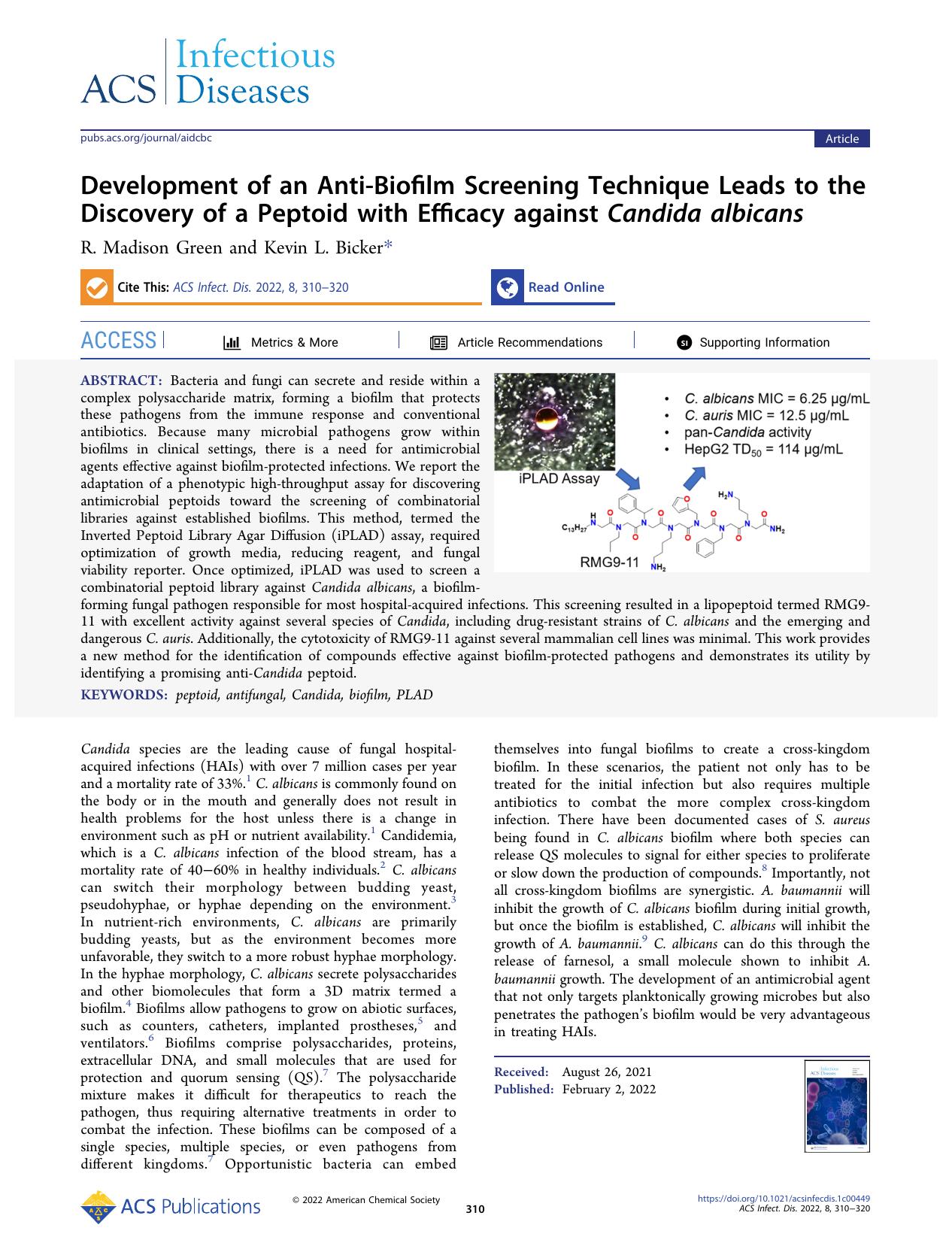Development of an Anti-Biofilm Screening Technique Leads to the Discovery of a Peptoid with Efficacy against Candida albicans by R. Madison Green and Kevin L. Bicker