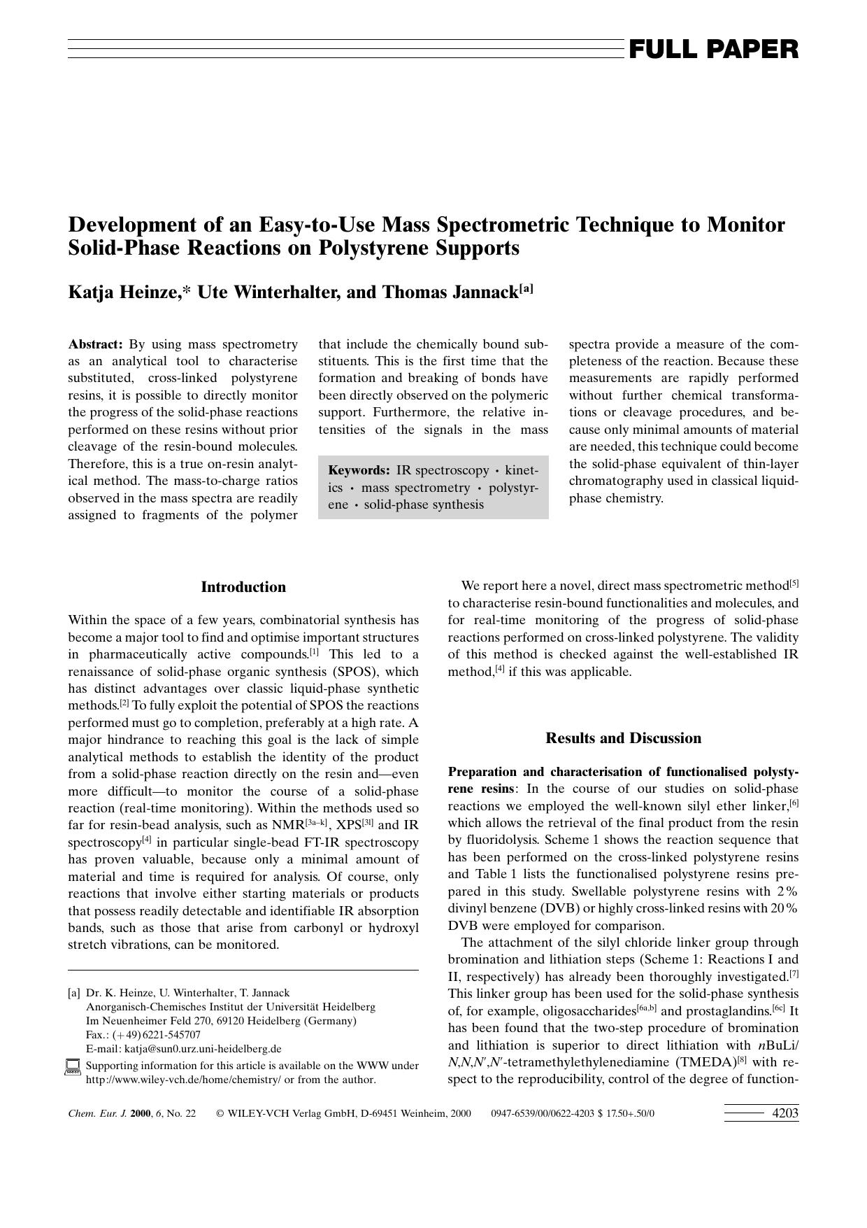 Development of an Easy-to-Use Mass Spectrometric Technique to Monitor Solid-Phase Reactions on Polystyrene Supports by Unknown