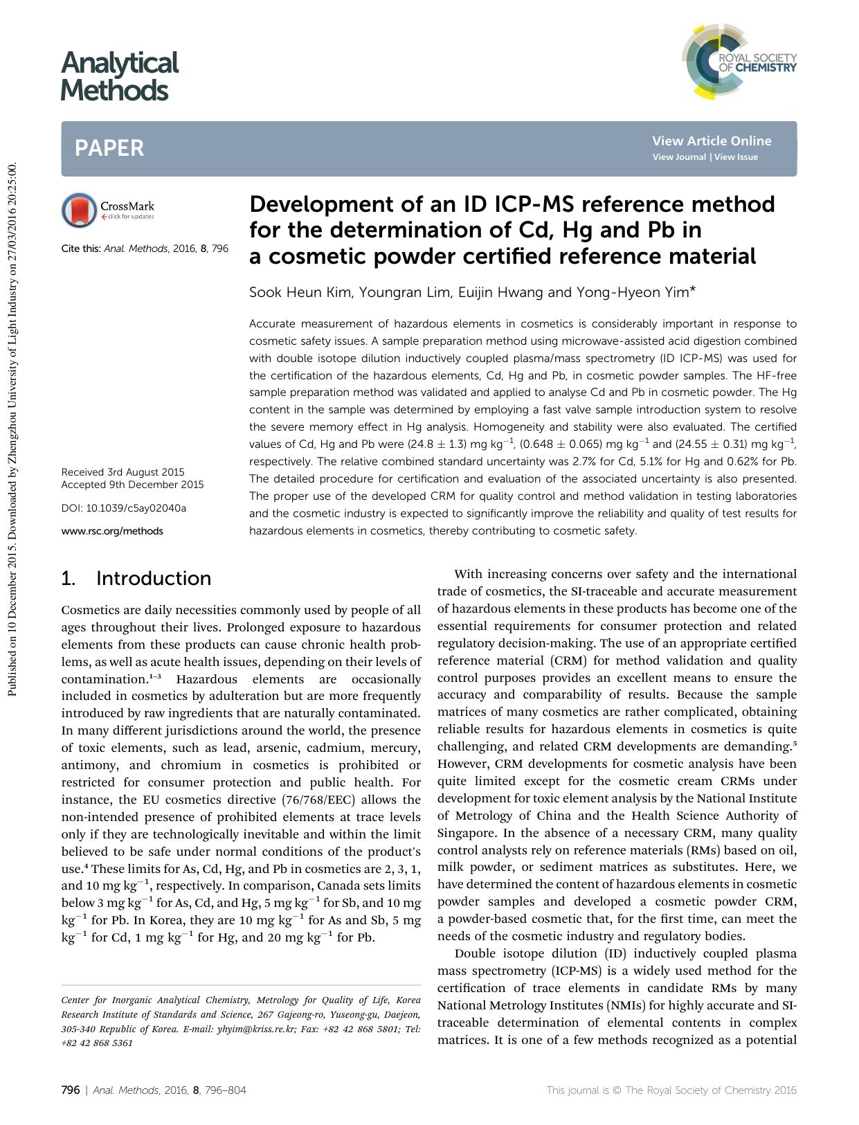 Development of an ID ICP-MS reference method for the determination of Cd, Hg and Pb in a cosmetic powder certified reference material by Sook Heun Kim & Youngran Lim & Euijin Hwang & Yong-Hyeon Yim