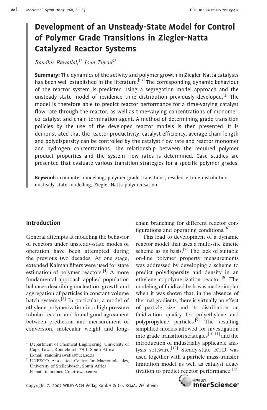 Development of an Unsteady-State Model for Control of Polymer Grade Transitions in Ziegler-Natta Catalyzed Reactor Systems by Unknown