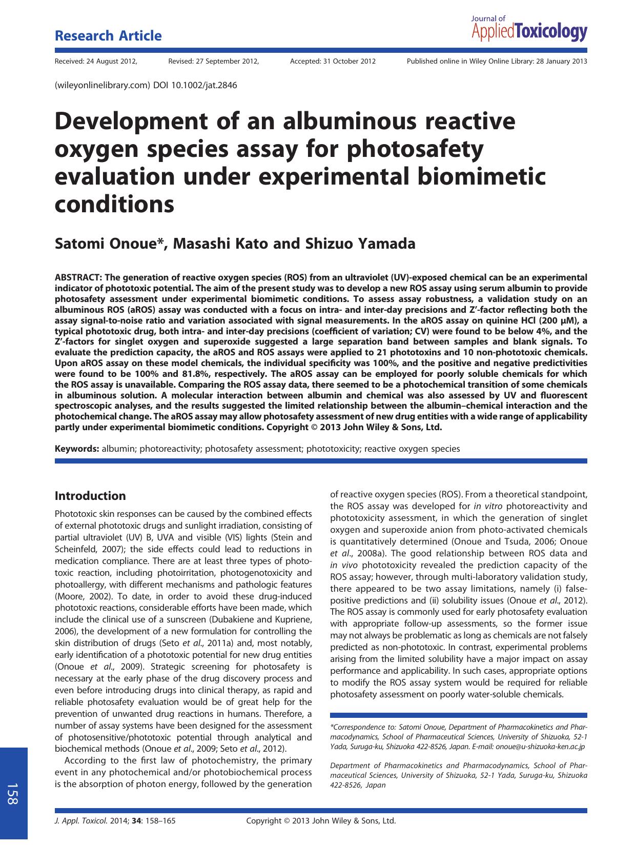 Development of an albuminous reactive oxygen species assay for photosafety evaluation under experimental biomimetic conditions by Unknown