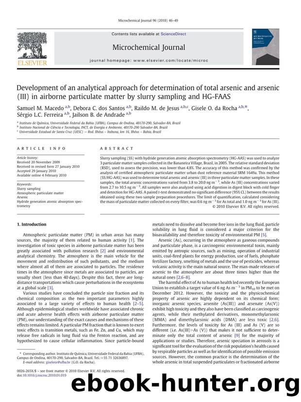 Development of an analytical approach for determination of total arsenic and arsenic (III) in airborne particulate matter by slurry sampling and HG-FAAS by unknow