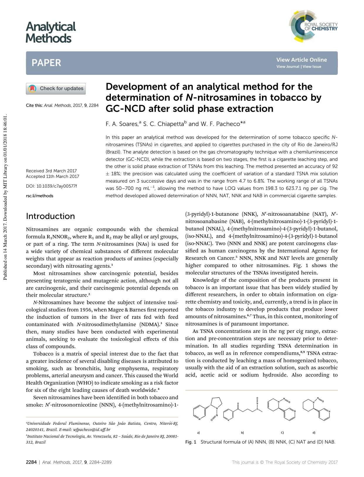 Development of an analytical method for the determination of N-nitrosamines in tobacco by GC-NCD after solid phase extraction by F. A. Soares & S. C. Chiapetta & W. F. Pacheco