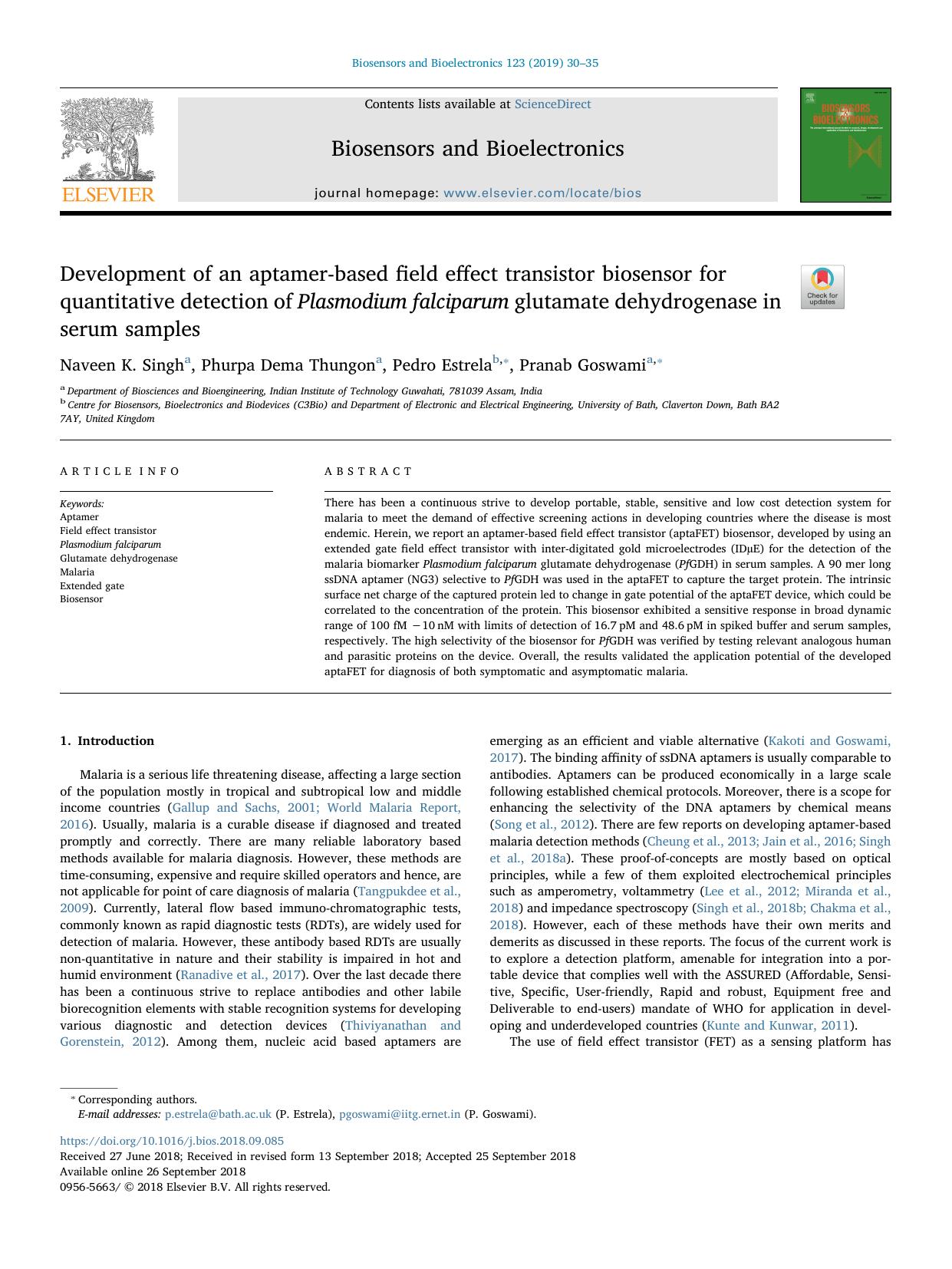 Development of an aptamer-based field effect transistor biosensor for quantitative detection of Plasmodium falciparum glutamate dehydrogenase in serum samples by Naveen K. Singh & Phurpa Dema Thungon & Pedro Estrela & Pranab Goswami