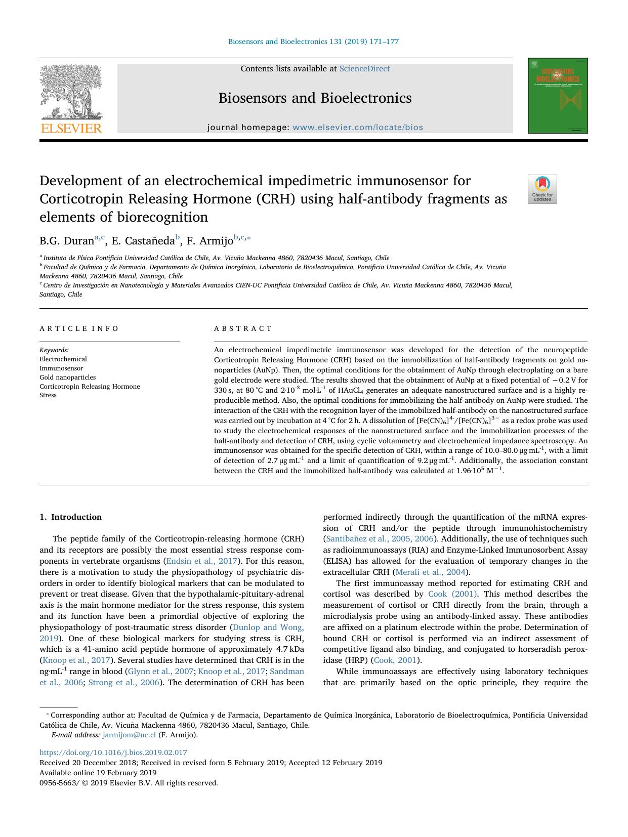 Development of an electrochemical impedimetric immunosensor for Corticotropin Releasing Hormone (CRH) using half-antibody fragments as elements of biorecognition by B.G. Duran & E. Castañeda & F. Armijo