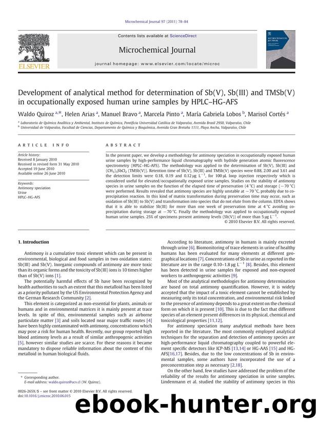 Development of analytical method for determination of Sb(V), Sb(III) and TMSb(V) in occupationally exposed human urine samples by HPLCâHG-AFS by Waldo Quiroz & Helen Arias & Manuel Bravo & Marcela Pinto & María Gabriela Lobos & Marisol Cortés