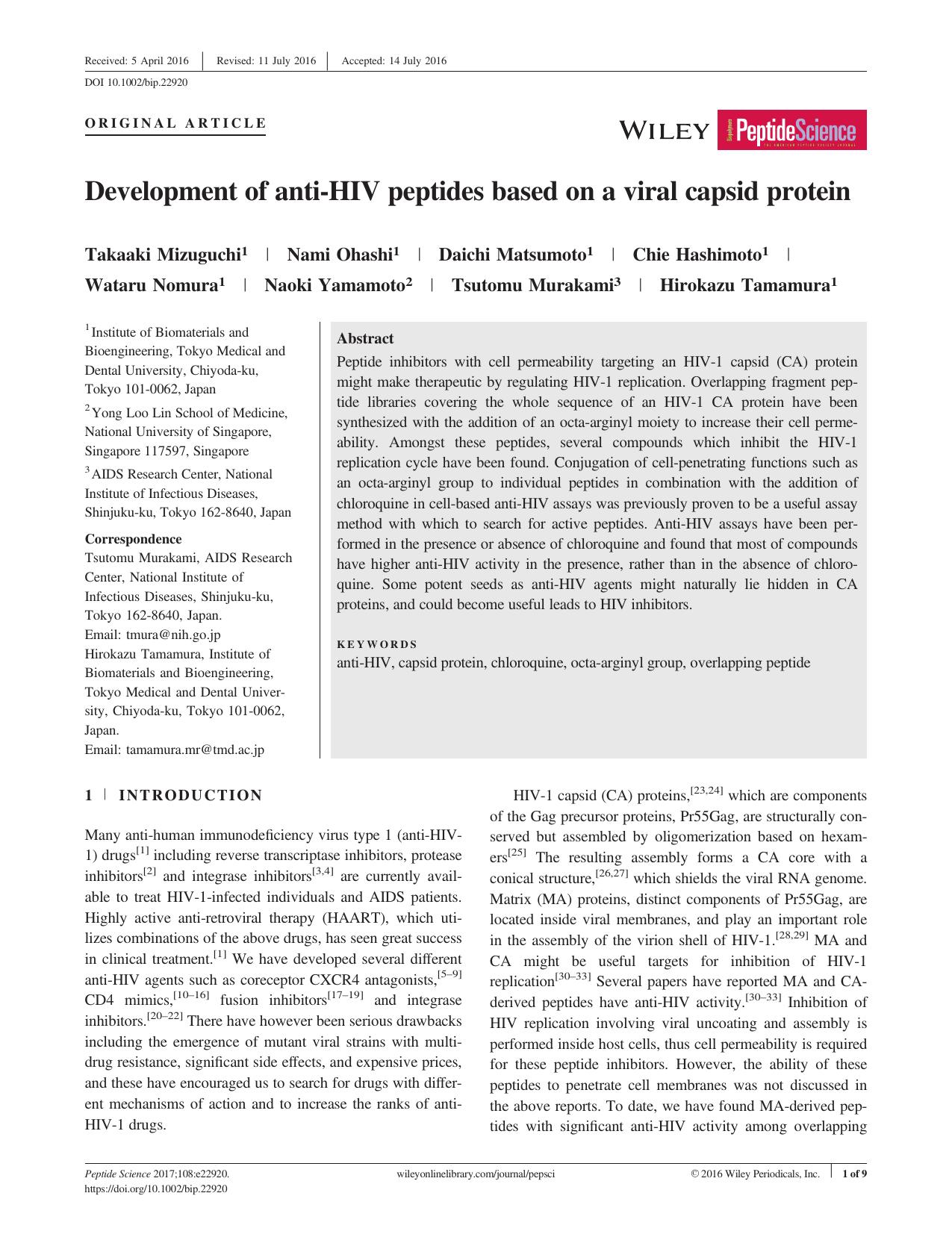 Development of anti‐HIV peptides based on a viral capsid protein by Unknown
