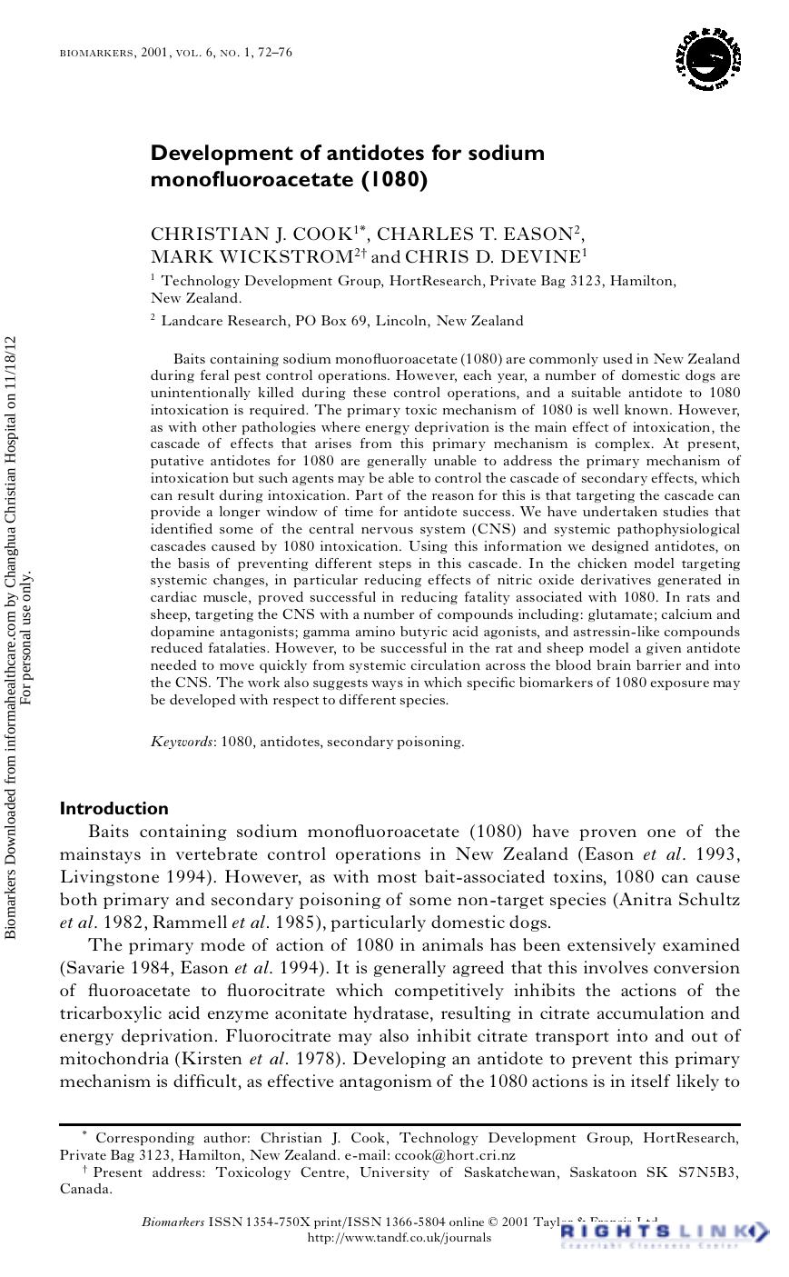 Development of antidotes for sodium monofluoroacetate (1080) by Christian J. Cook Charles T. Eason Mark Wickstrom & Chris D. Devine