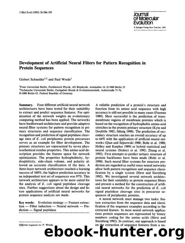 Development of artificial neural filters for pattern recognition in protein sequences by Unknown