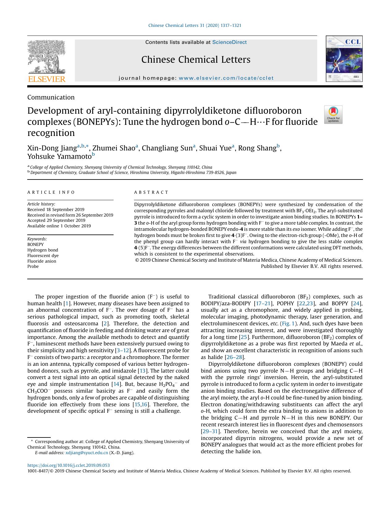 Development of aryl-containing dipyrrolyldiketone difluoroboron complexes (BONEPYs): Tune the hydrogen bond oâCHÂ·Â·Â·F for fluoride recognition by Xin-Dong Jiang & Zhumei Shao & Changliang Sun & Shuai Yue & Rong Shang & Yohsuke Yamamoto