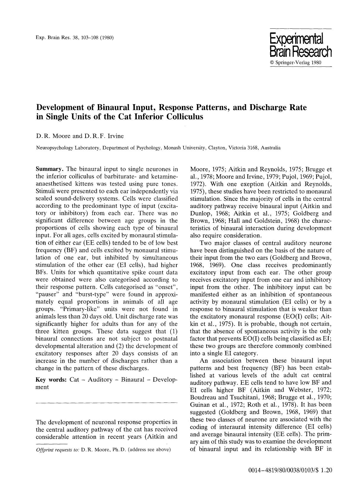 Development of binaural input, response patterns, and discharge rate in single units of the cat inferior colliculus by Unknown