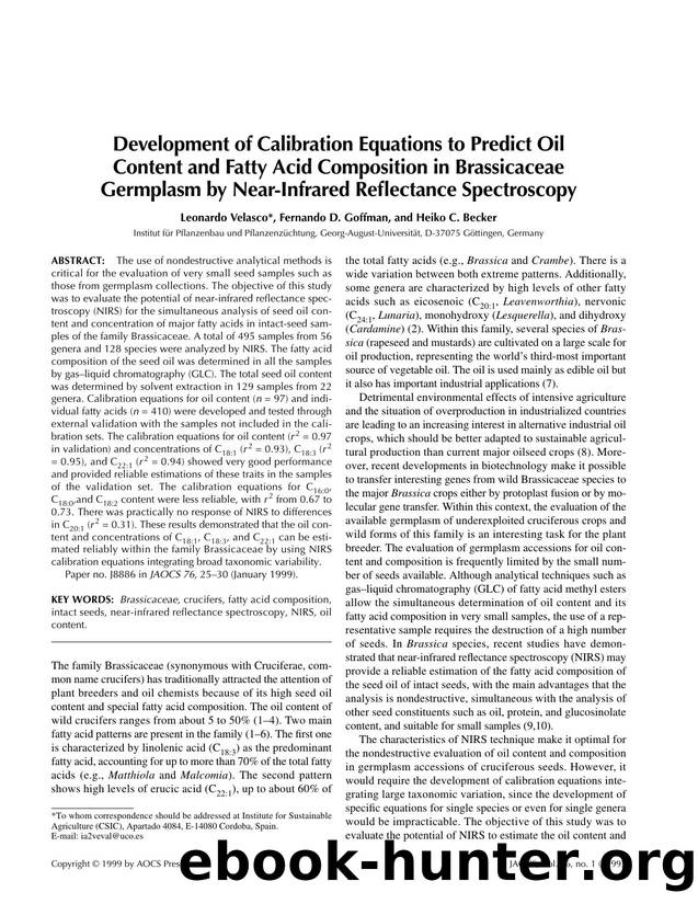 Development of calibration equations to predict oil content and fatty acid composition in brassicaceae germplasm by near-infrared reflectance spectroscopy by Unknown