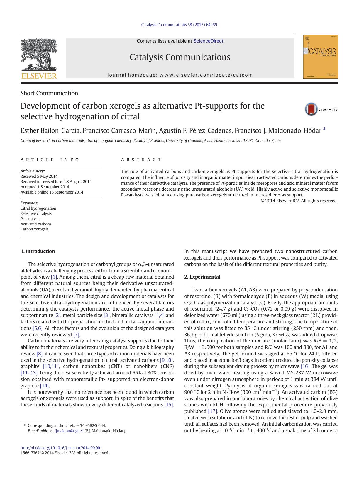 Development of carbon xerogels as alternative Pt-supports for the selective hydrogenation of citral by unknow