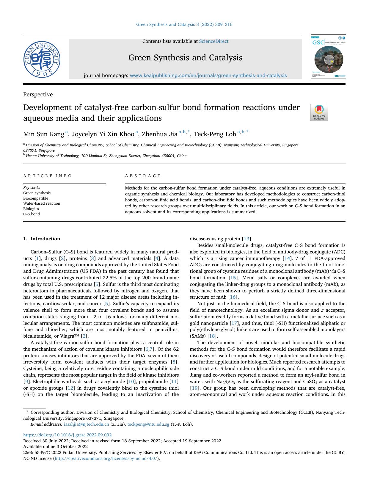 Development of catalyst-free carbon-sulfur bond formation reactions under aqueous media and their applications by Min Sun Kang