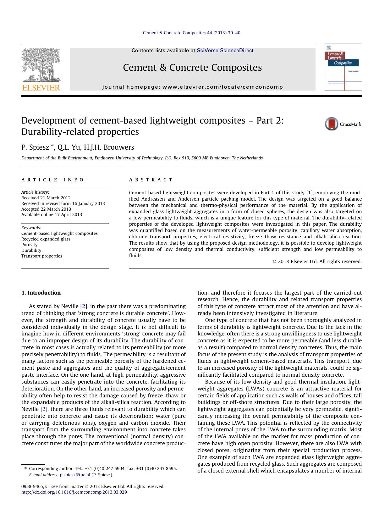 Development of cement-based lightweight composites Ã¢â¬â Part 2: Durability-related properties by P. Spiesz & Q.L. Yu & H.J.H. Brouwers