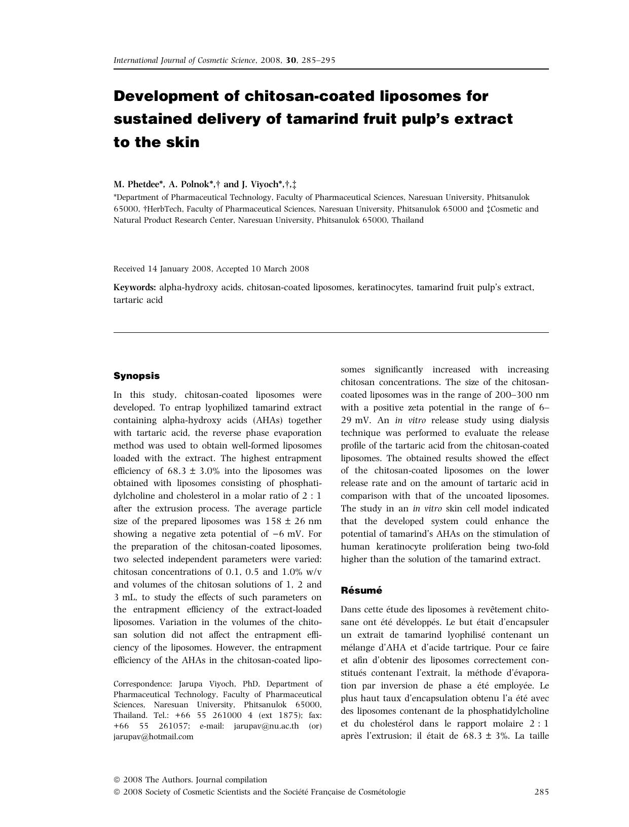 Development of chitosan-coated liposomes for sustained delivery of tamarind fruit pulpâs extract to the skin by Unknown