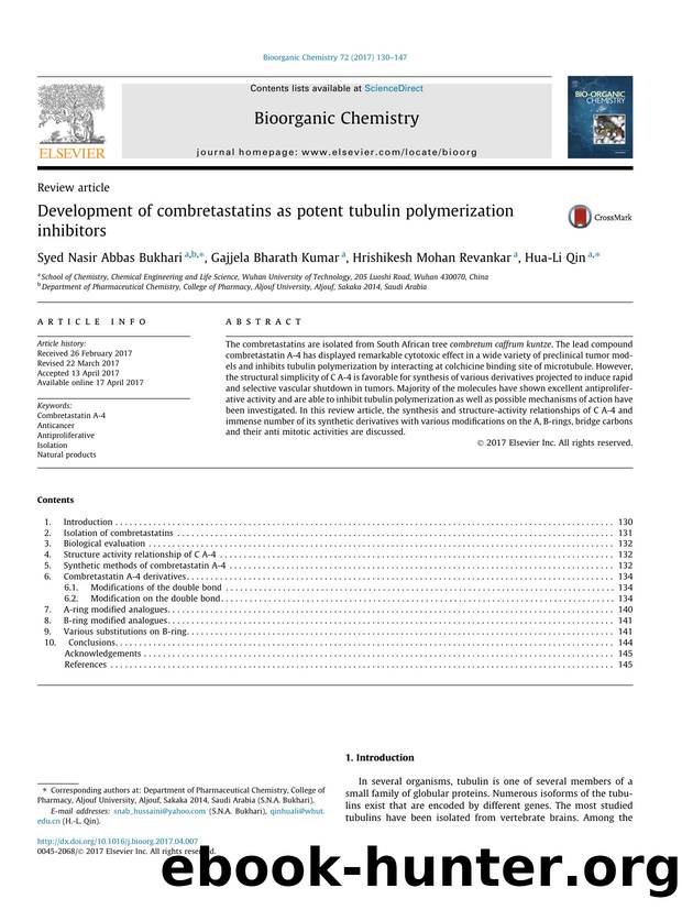 Development of combretastatins as potent tubulin polymerization inhibitors by Syed Nasir Abbas Bukhari & Gajjela Bharath Kumar & Hrishikesh Mohan Revankar & Hua-Li Qin