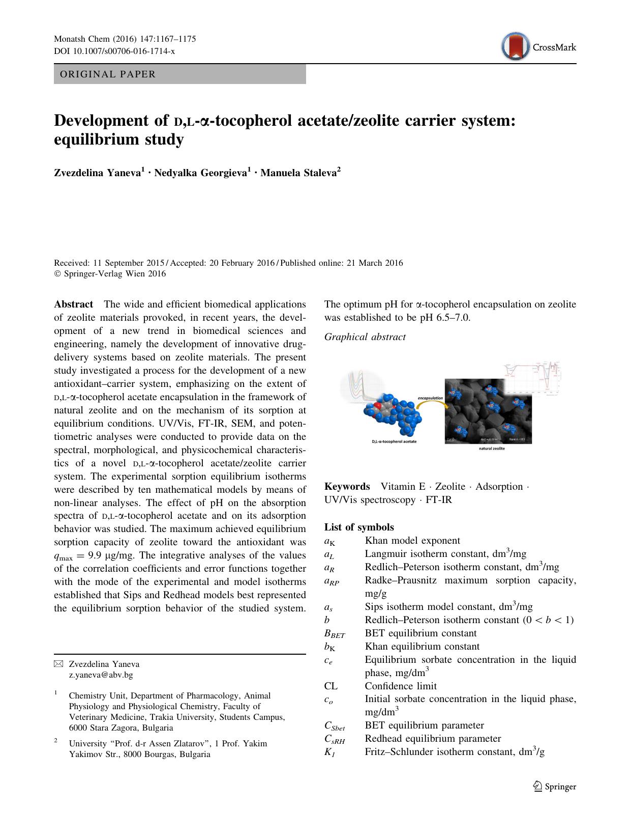 Development of d,l-Î±-tocopherol acetatezeolite carrier system: equilibrium study by Zvezdelina Yaneva & Nedyalka Georgieva & Manuela Staleva