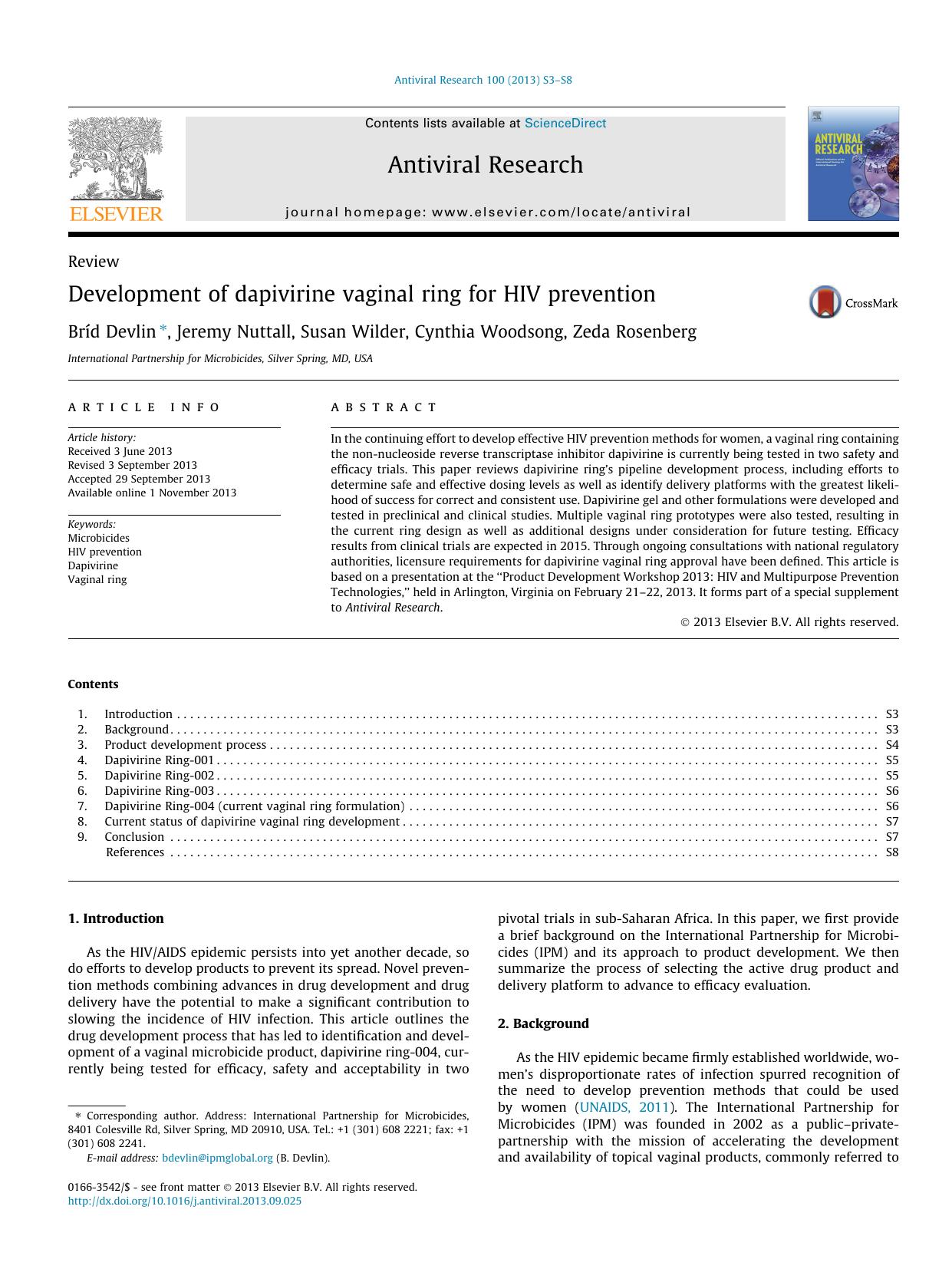 Development of dapivirine vaginal ring for HIV prevention by Bríd Devlin & Jeremy Nuttall & Susan Wilder & Cynthia Woodsong & Zeda Rosenberg