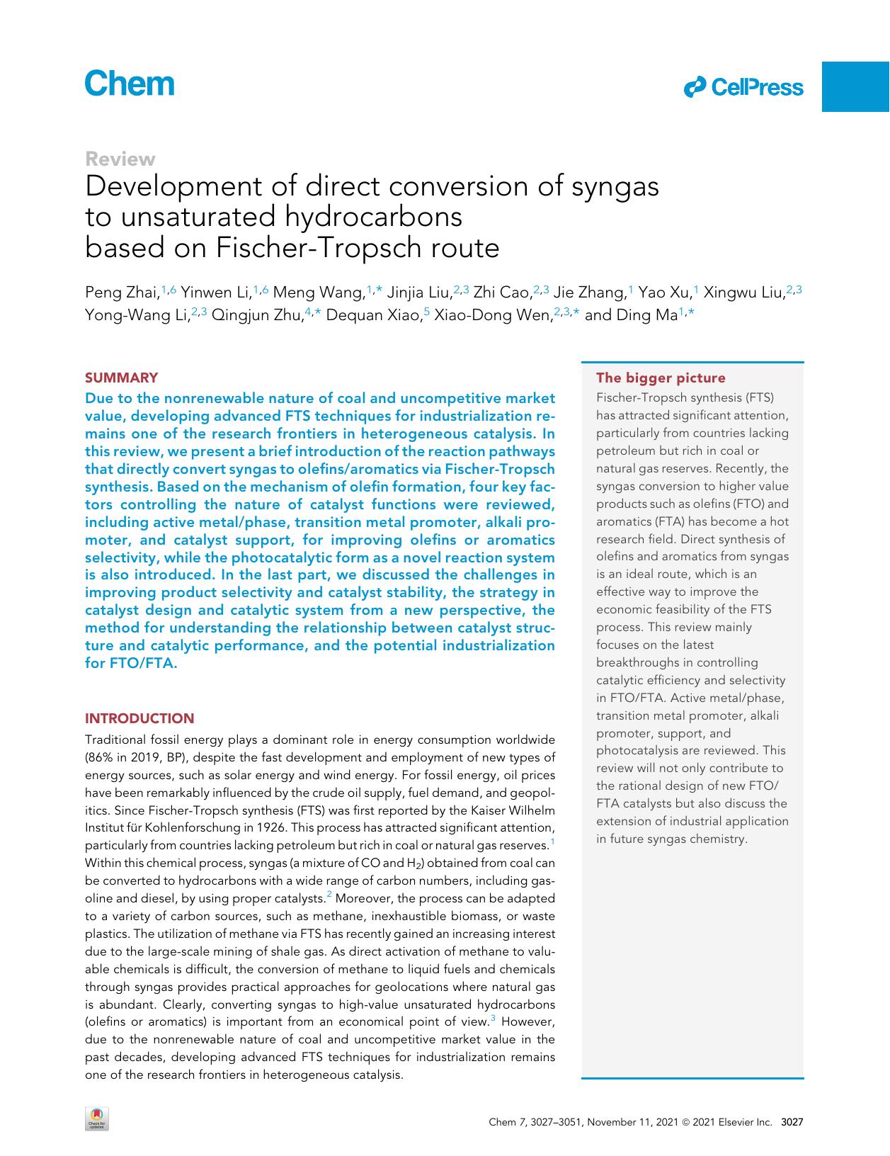 Development of direct conversion of syngas to unsaturated hydrocarbons based on Fischer-Tropsch route by unknow