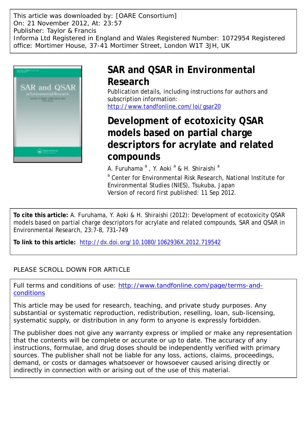 Development of ecotoxicity QSAR models based on partial charge descriptors for acrylate and related compounds by A. Furuhama Y. Aoki & H. Shiraishi