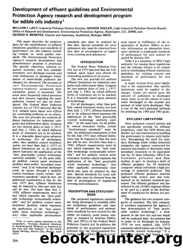 Development of effluent guidelines and Environmental Protection Agency research and development program for edible oils industry by Unknown